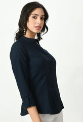 Waylene Navy Blue Top side view with three-quarter sleeves