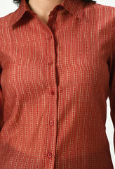 Close-up of Waylene Red Sheer Shirt Highlighting Button Details and Stripes
