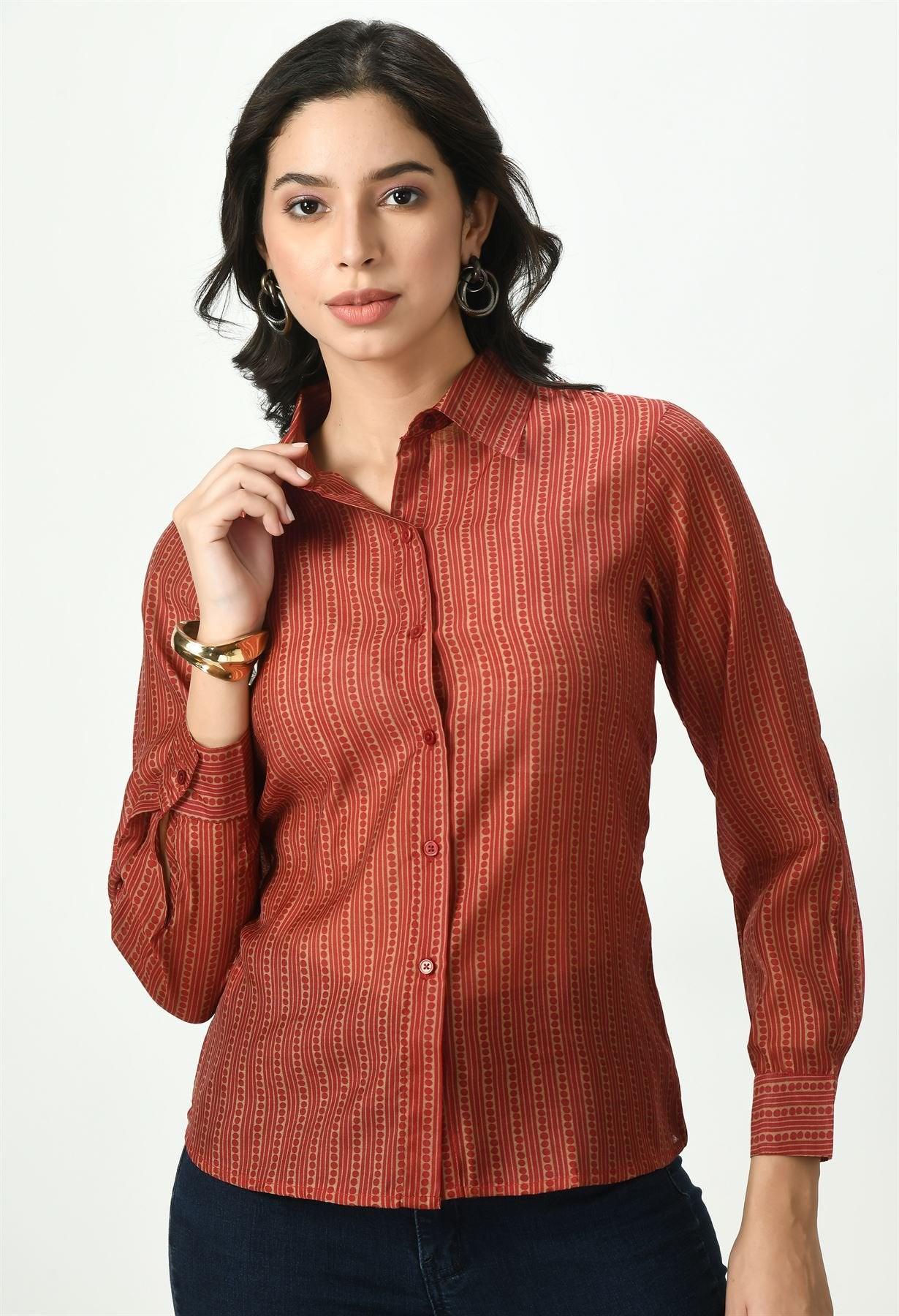 Waylene Striped Red Sheer Shirt with Button-Up Design and Long Sleeves
