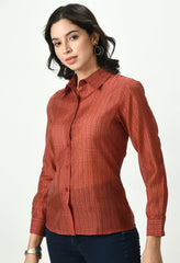 Waylene Red Sheer Shirt with Vertical Stripes and Fitted Silhouette