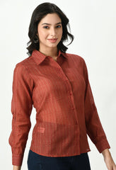 Waylene Women's Red Sheer Shirt Featuring a Collared Neck and Striped Pattern