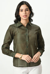 Waylene sheer green casual shirt for women with vertical stripe pattern, front view.