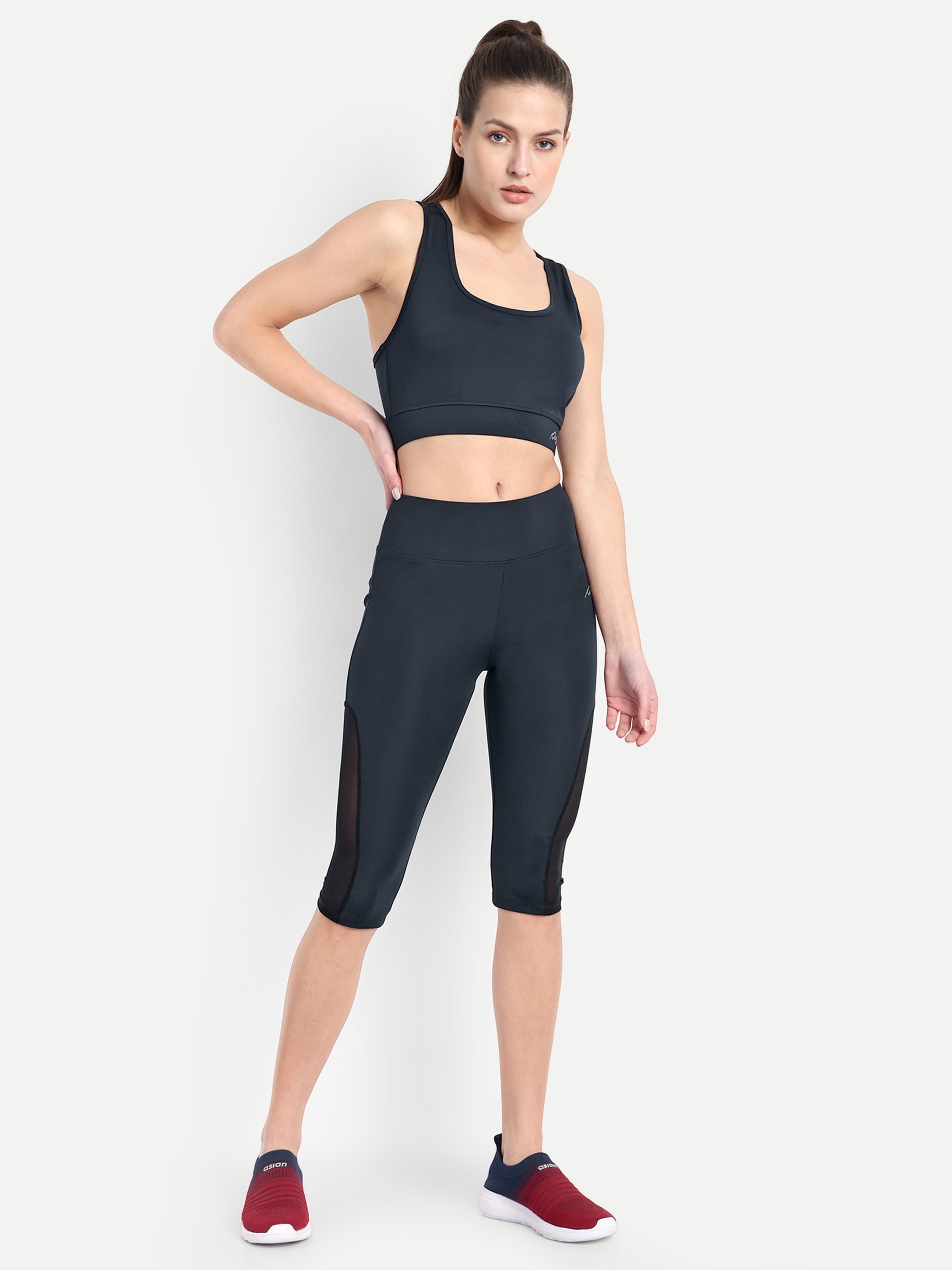 Waylene Women's Navy Blue High-Waisted Sports Capris with Mesh Panels, full outfit with sports bra