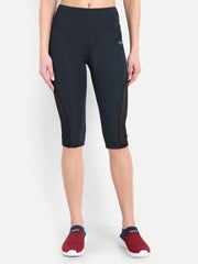 Waylene Women's Navy Blue High-Waisted Sports Capris with Mesh Panels, front view