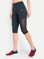 Waylene Women's Navy Blue High-Waisted Sports Capris with Mesh Panels, side view