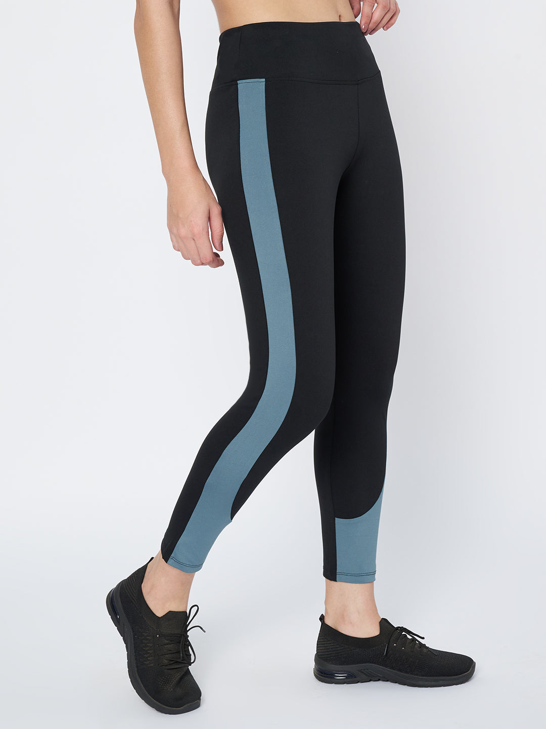 Waylene Women's Black Tights with Blue Stripe and High Waist