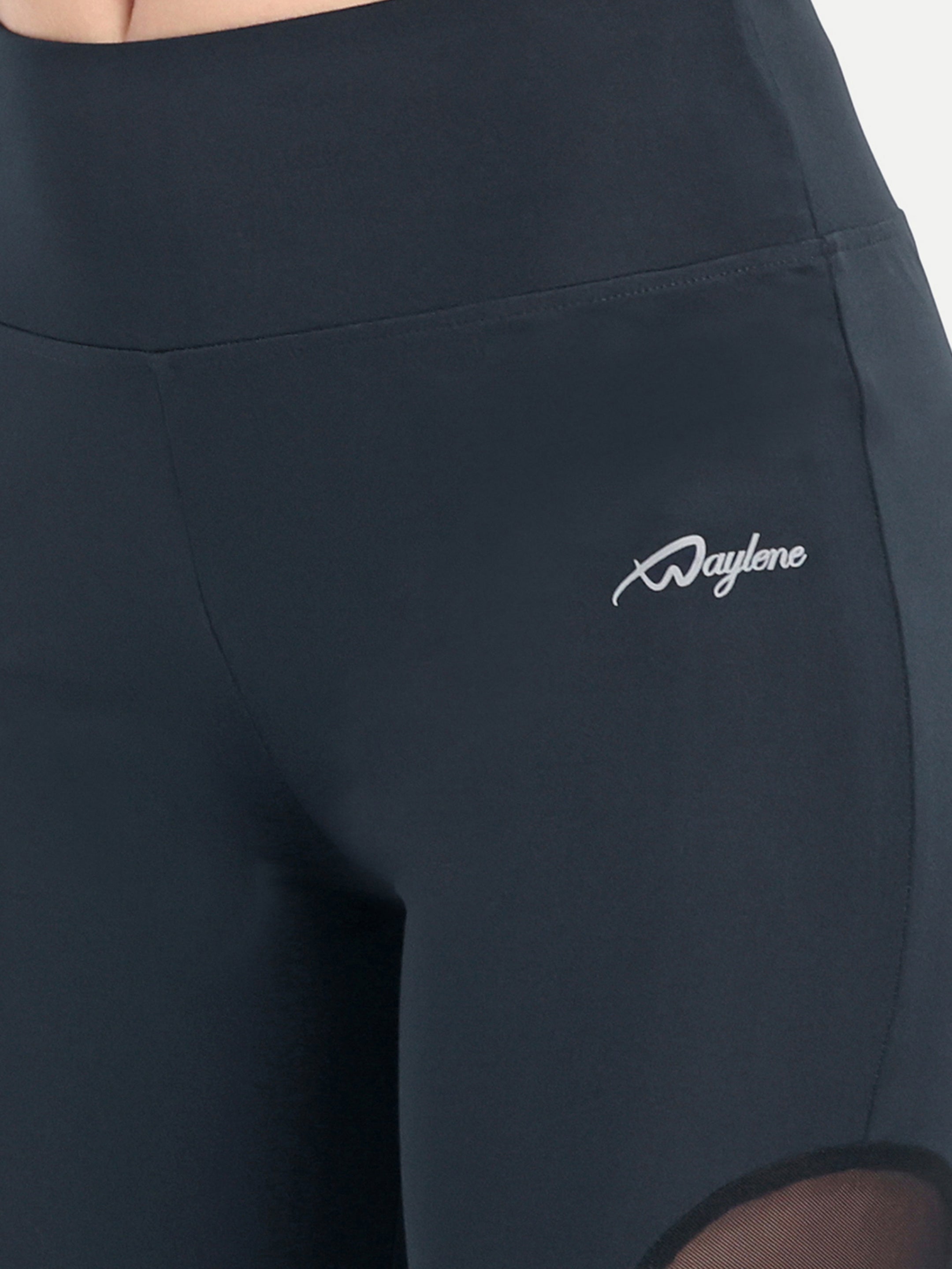 Waylene Women's Navy Blue High-Waisted Sports Capris with Mesh Panels, close-up of logo