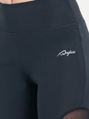 Waylene Women's Navy Blue High-Waisted Sports Capris with Mesh Panels, close-up of logo