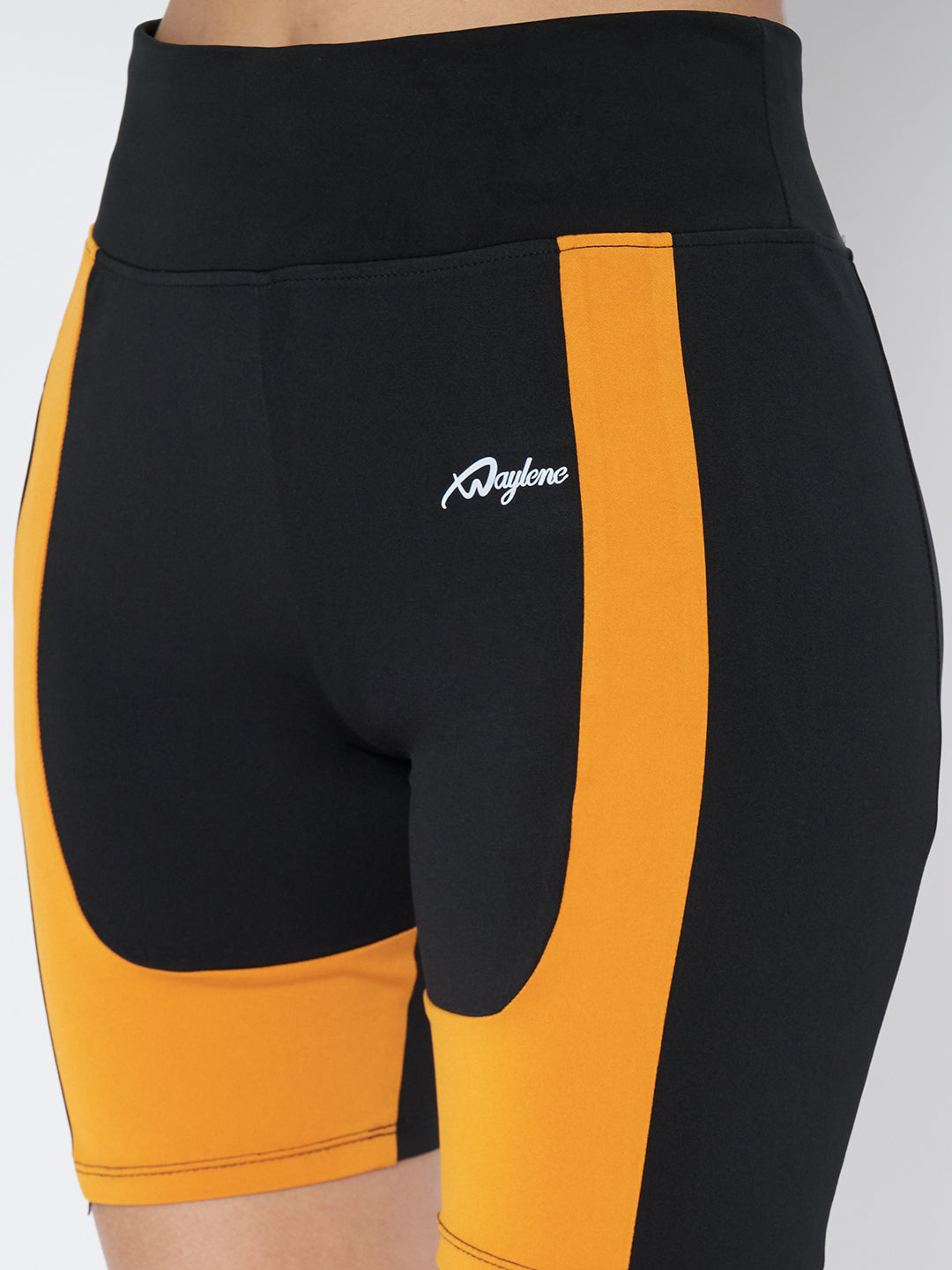 Waylene Black and Mustard Sports Shorts, close-up of waistband and logo