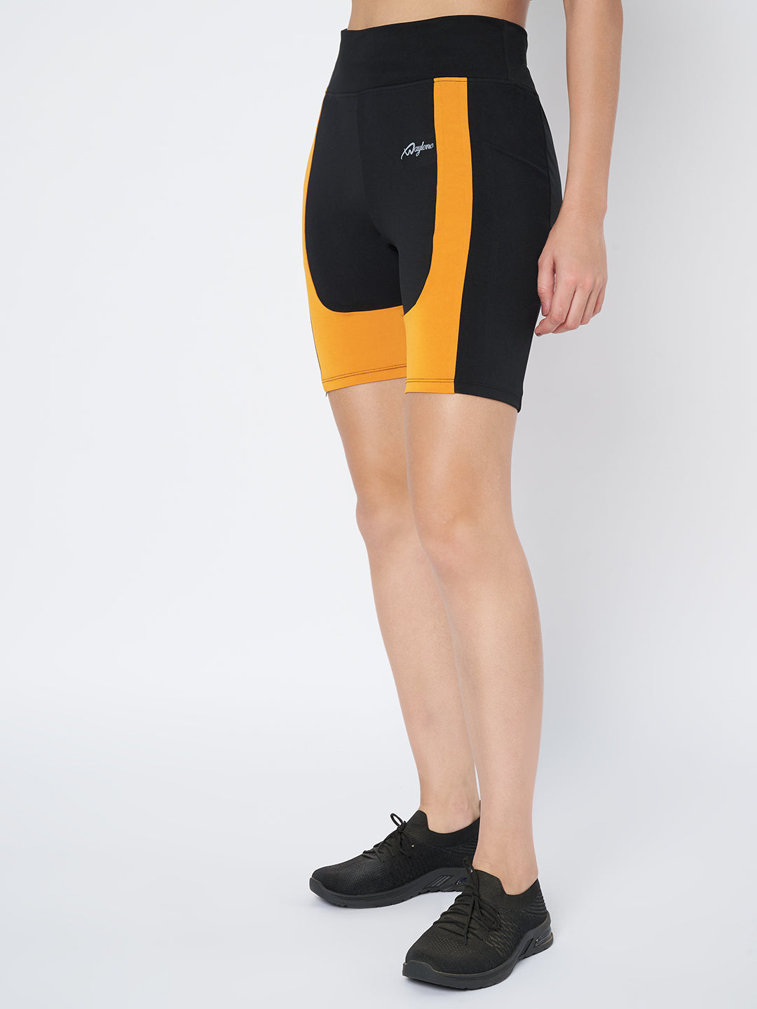 Waylene Black and Mustard Sports Shorts, angled side view