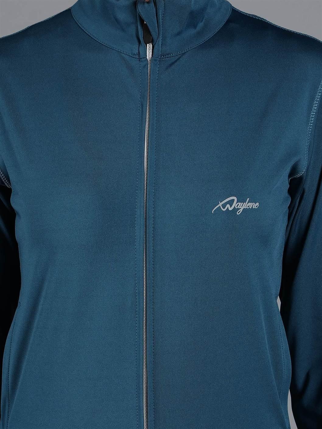 Waylene Teal Blue Sweatshirt Close-up, High Collar and Logo Detail