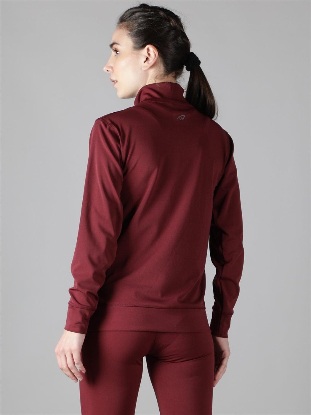 Back view of Waylene wine color sweatshirt, showing seamless design and fitted look.