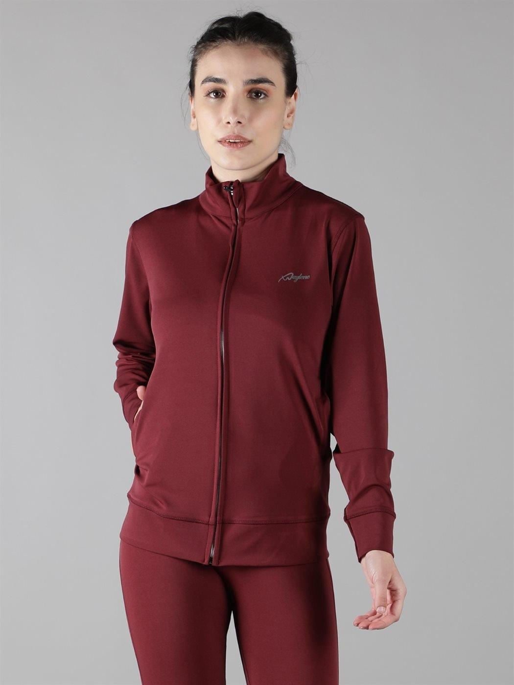Waylene wine color sweatshirt with full zip and logo detail, perfect for layering.