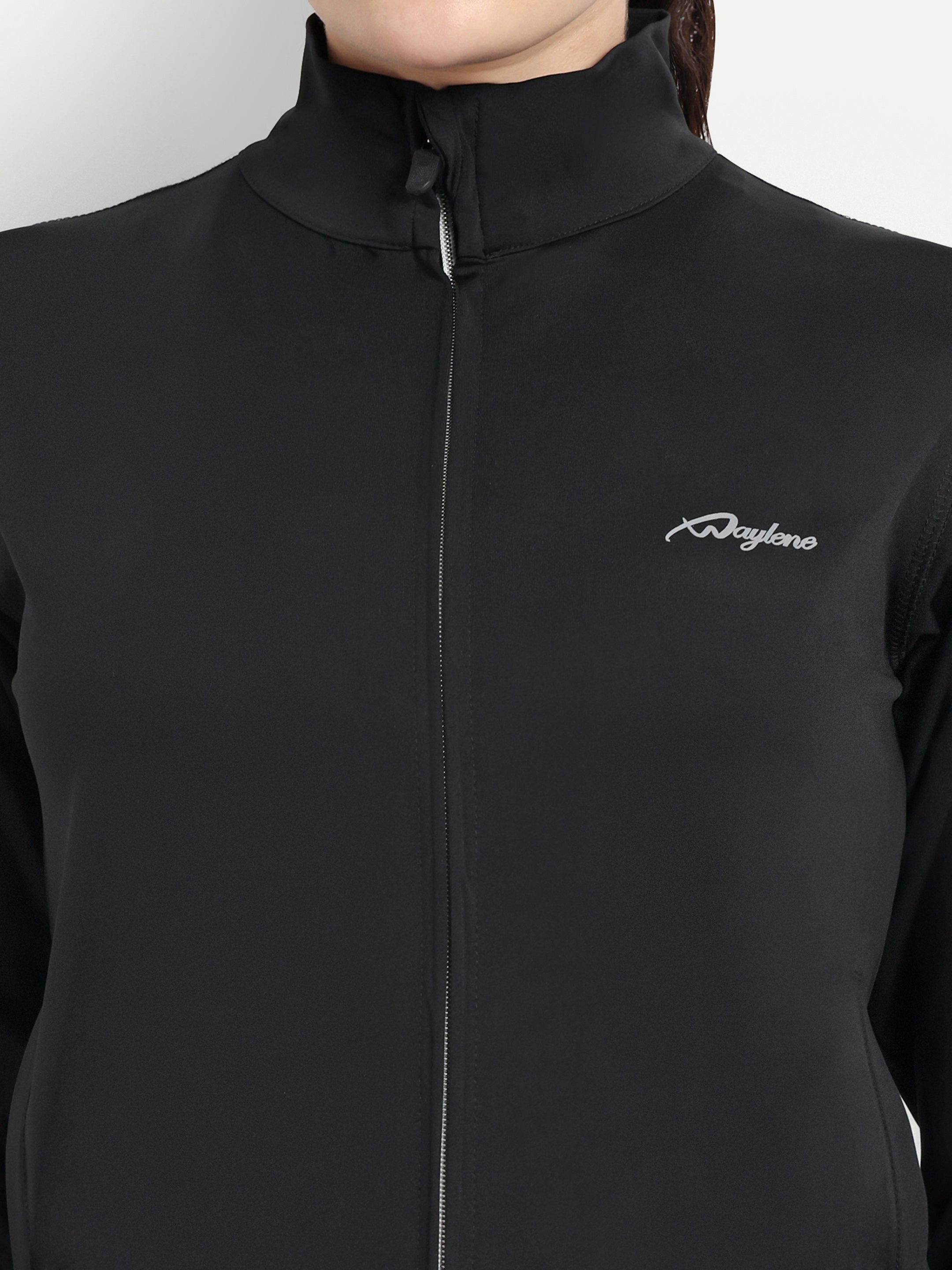 Close-Up of Waylene Black Tracksuit Jacket with Logo and Full-Length Zipper