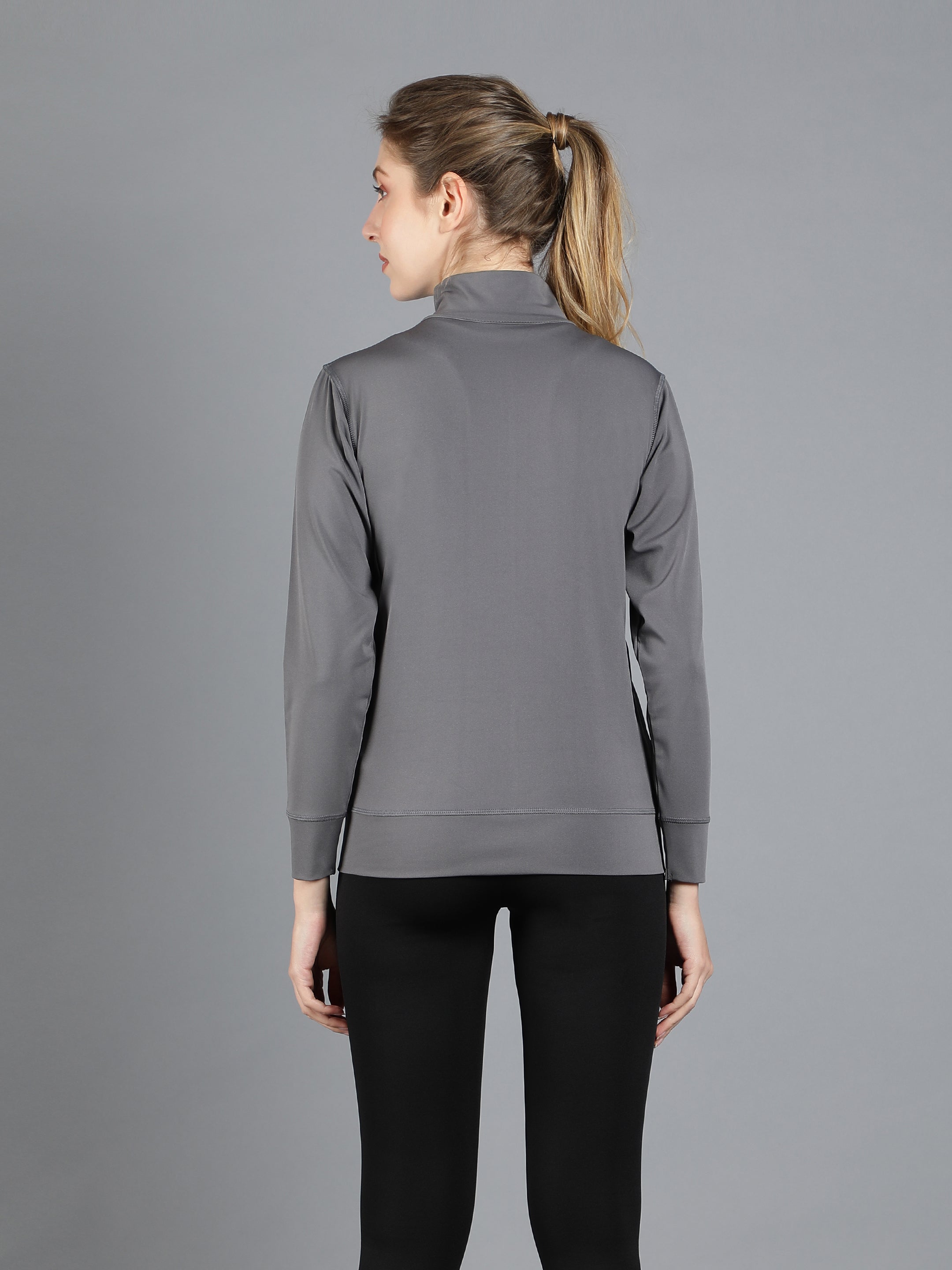 Back view of Waylene Grey Athletic Jacket, highlighting sleek design and comfortable fit.