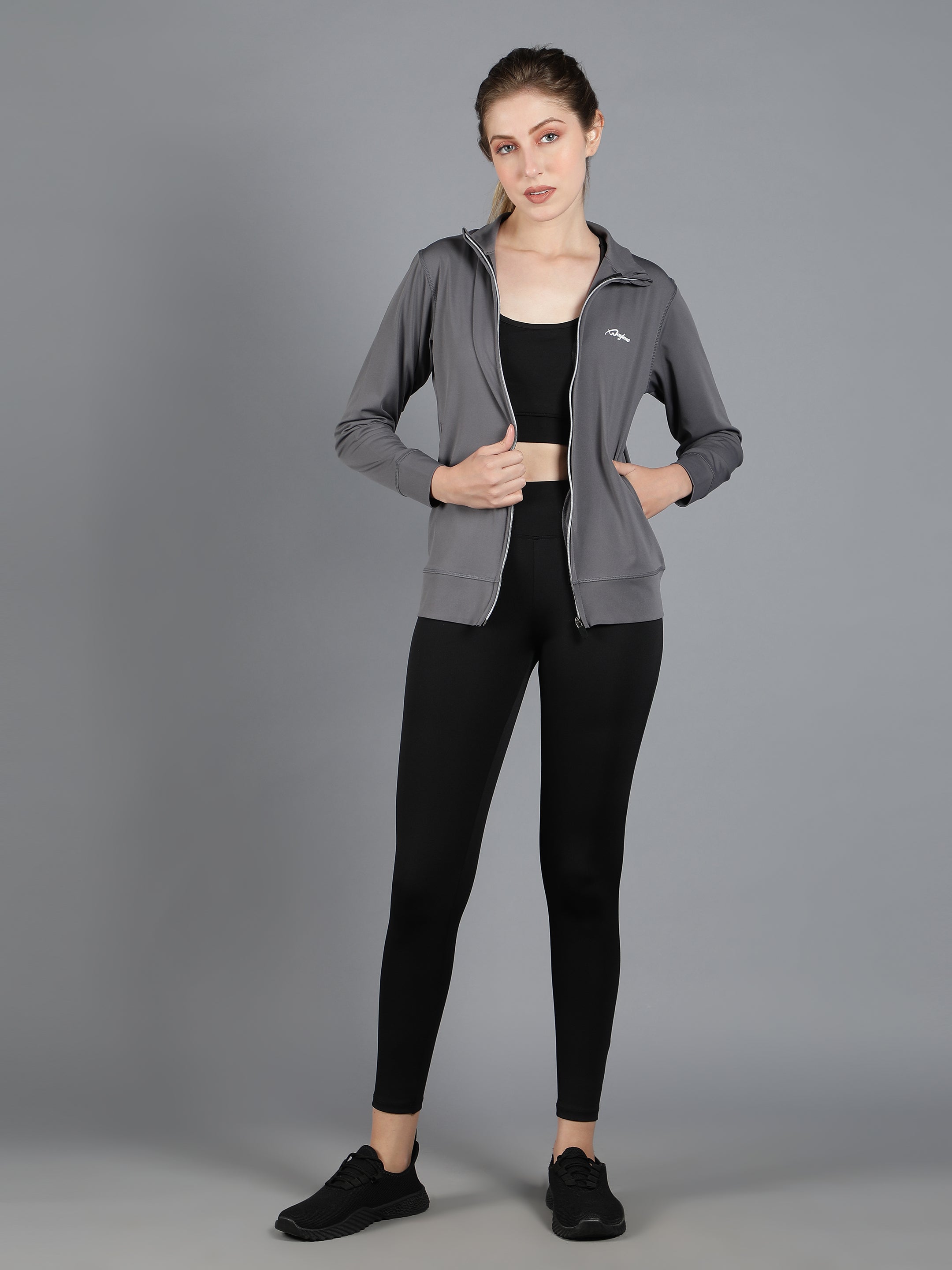 Waylene Women's Grey and Black Tracksuit, featuring a zippered jacket and tights for versatile athletic use.