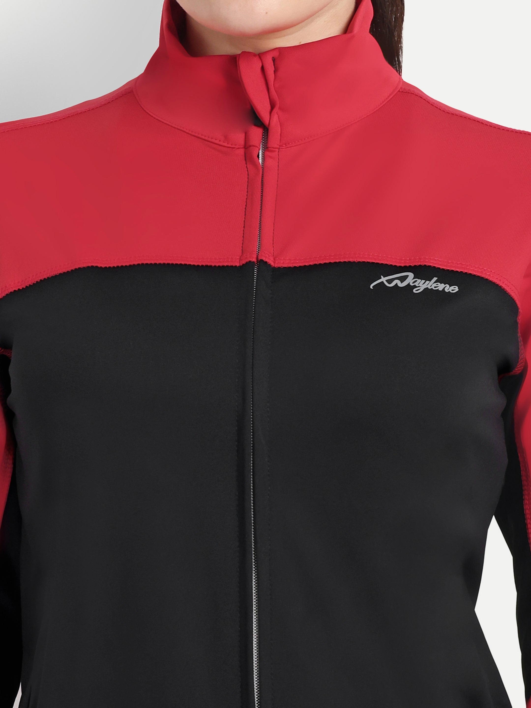 Close-up of Waylene Women's Red and Black Colorblock Tracksuit, highlighting zipper and logo.