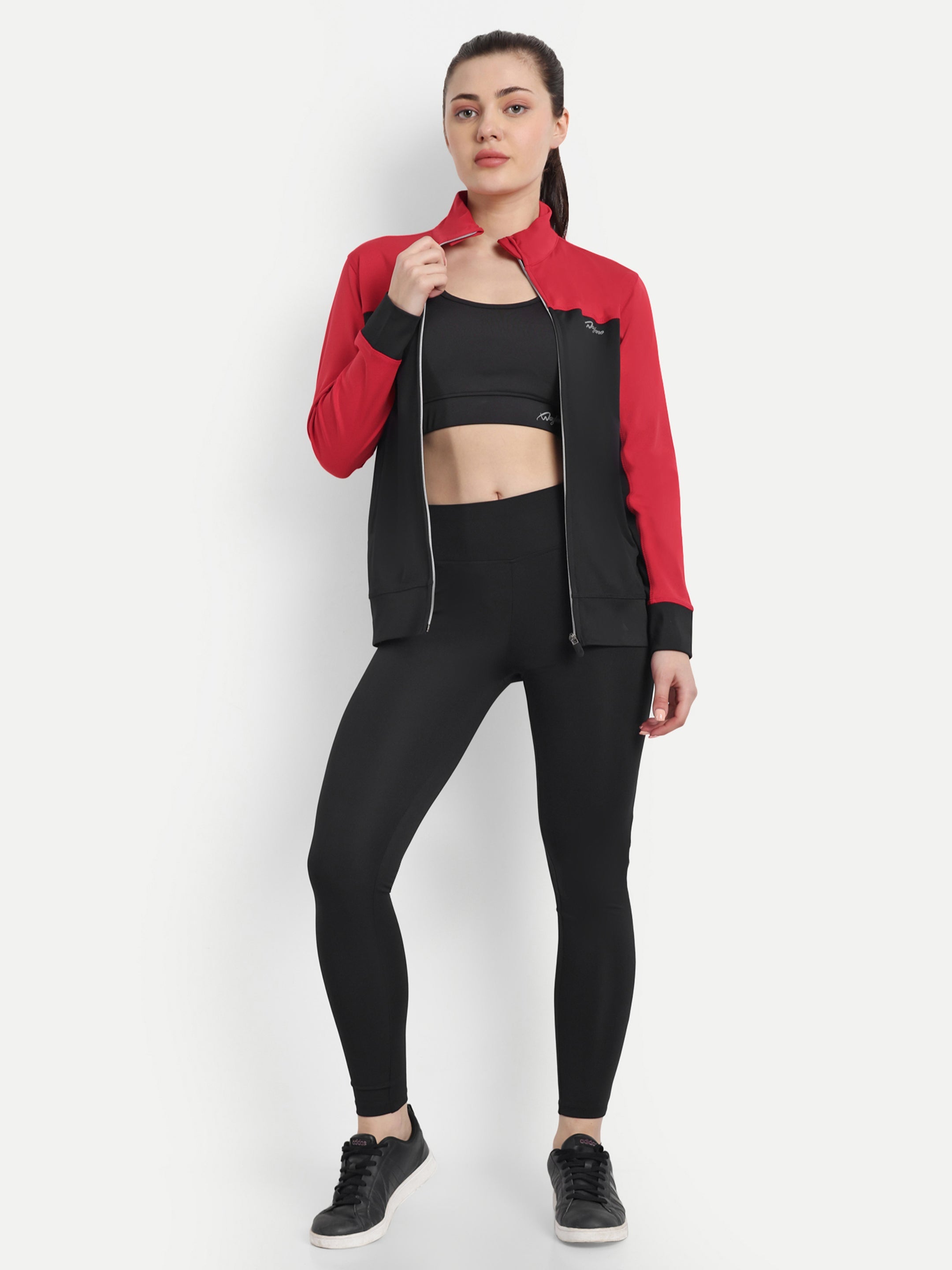 Waylene Women's Red and Black Colorblock Tracksuit, front view with open jacket revealing sports bra.