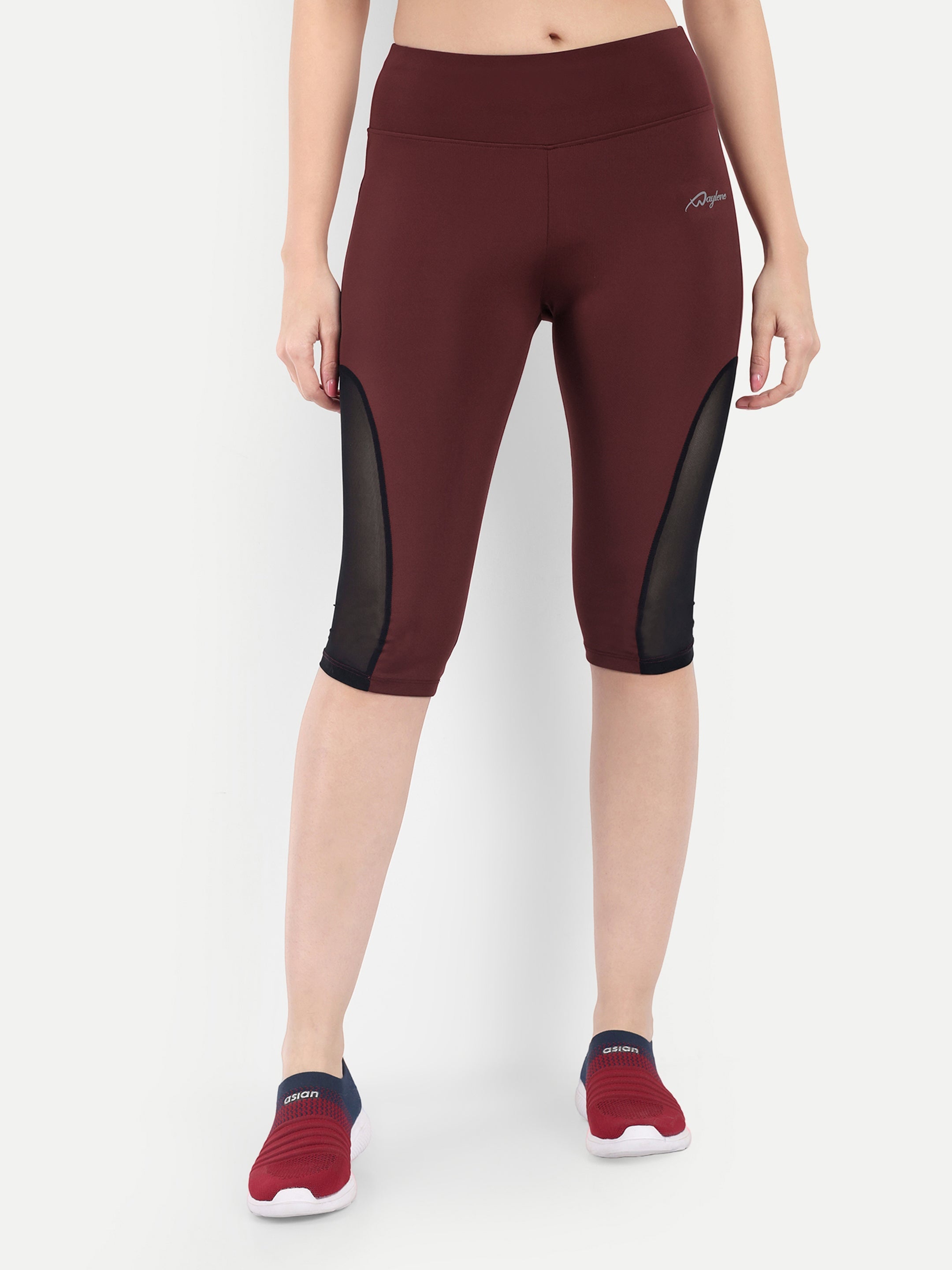 Waylene Women's Maroon High-Waisted Sports Capris, front view with mesh panels