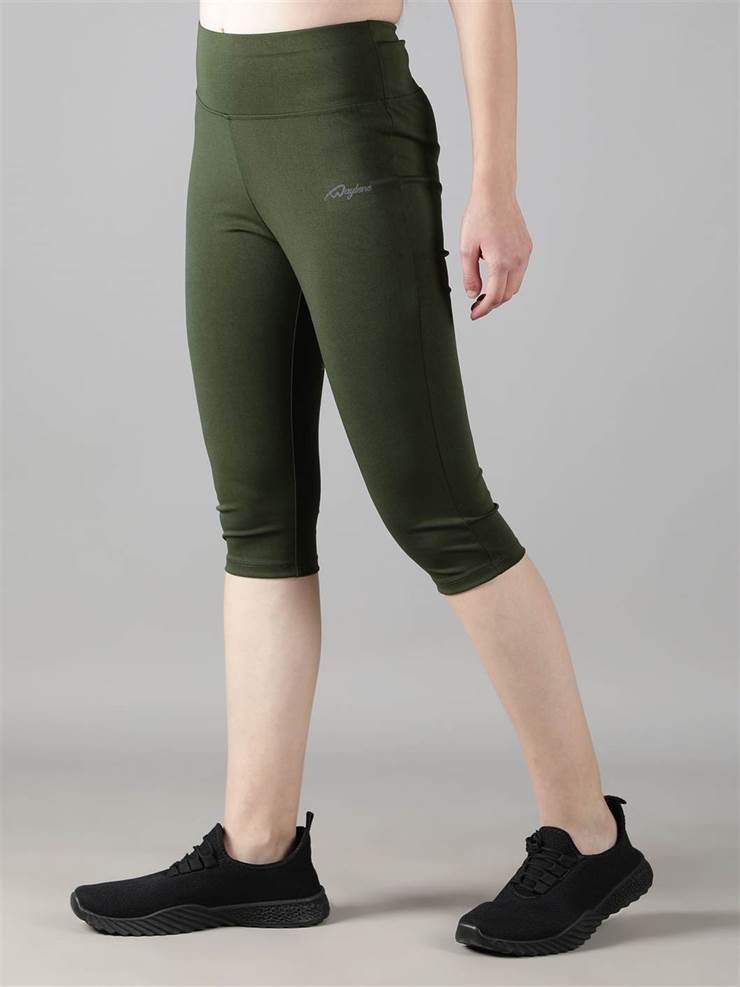 Waylene Olive Green Capri Tights side view highlighting sleek fit.