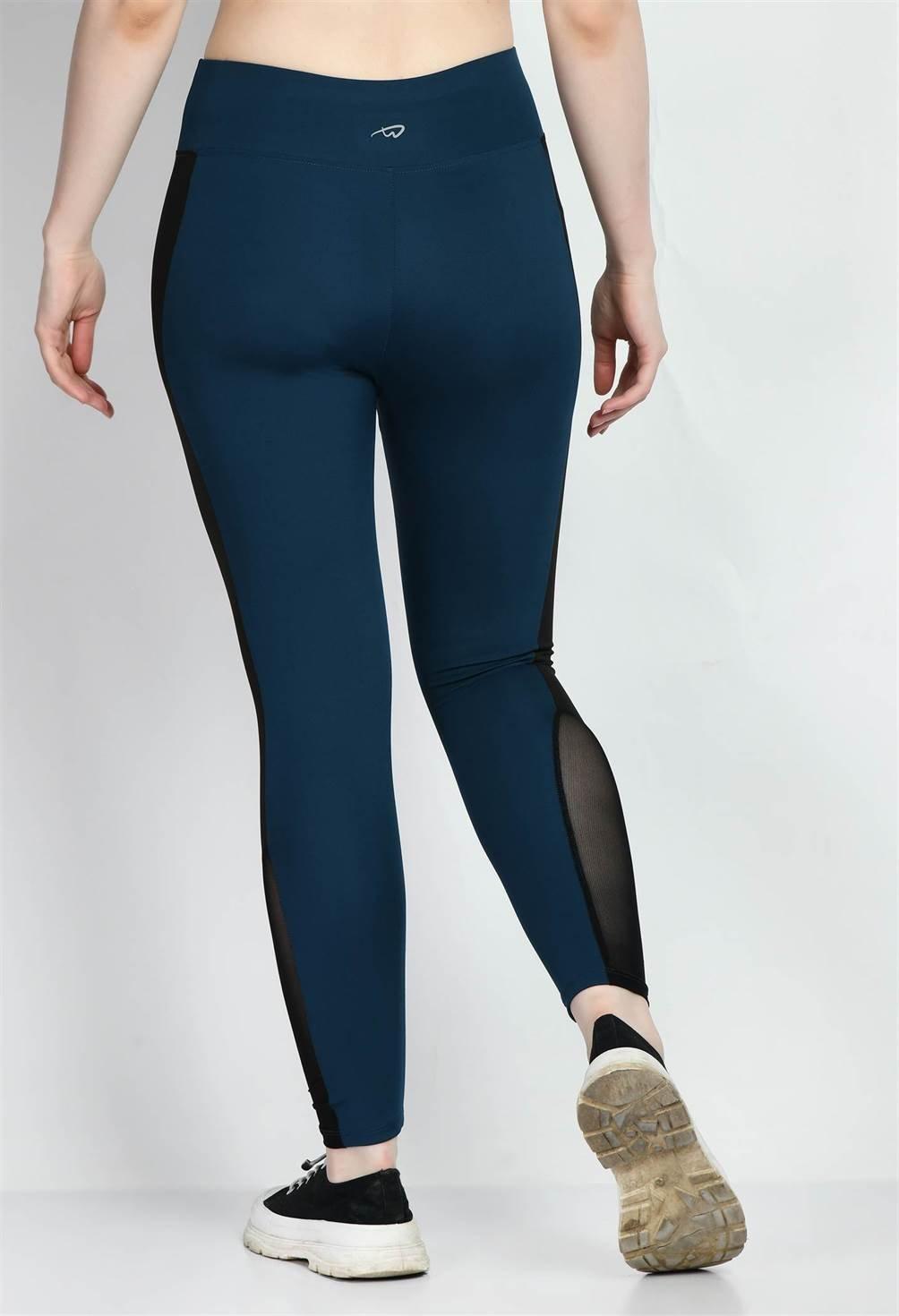 Waylene Teal Blue Fitness Tights with Black Mesh Panels and High Waist