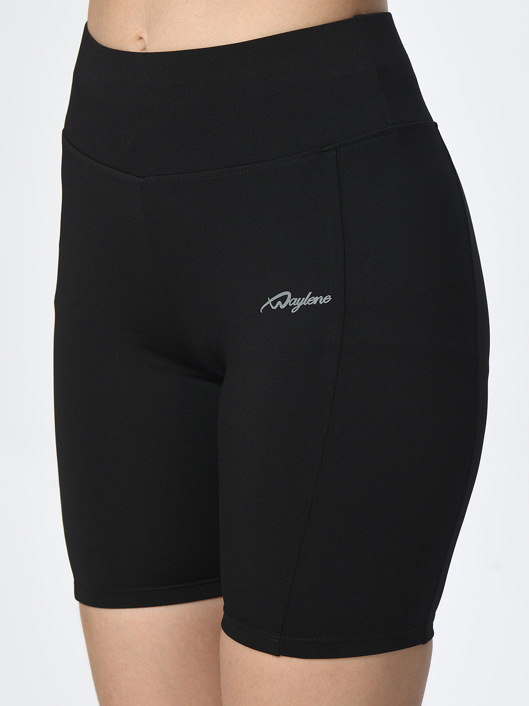 Waylene Black Shorts, close-up of waistband and logo, emphasizing high-performance fabric.