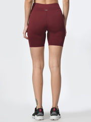 Back view of Waylene wine-colored high-performance shorts with pocket, women's activewear.