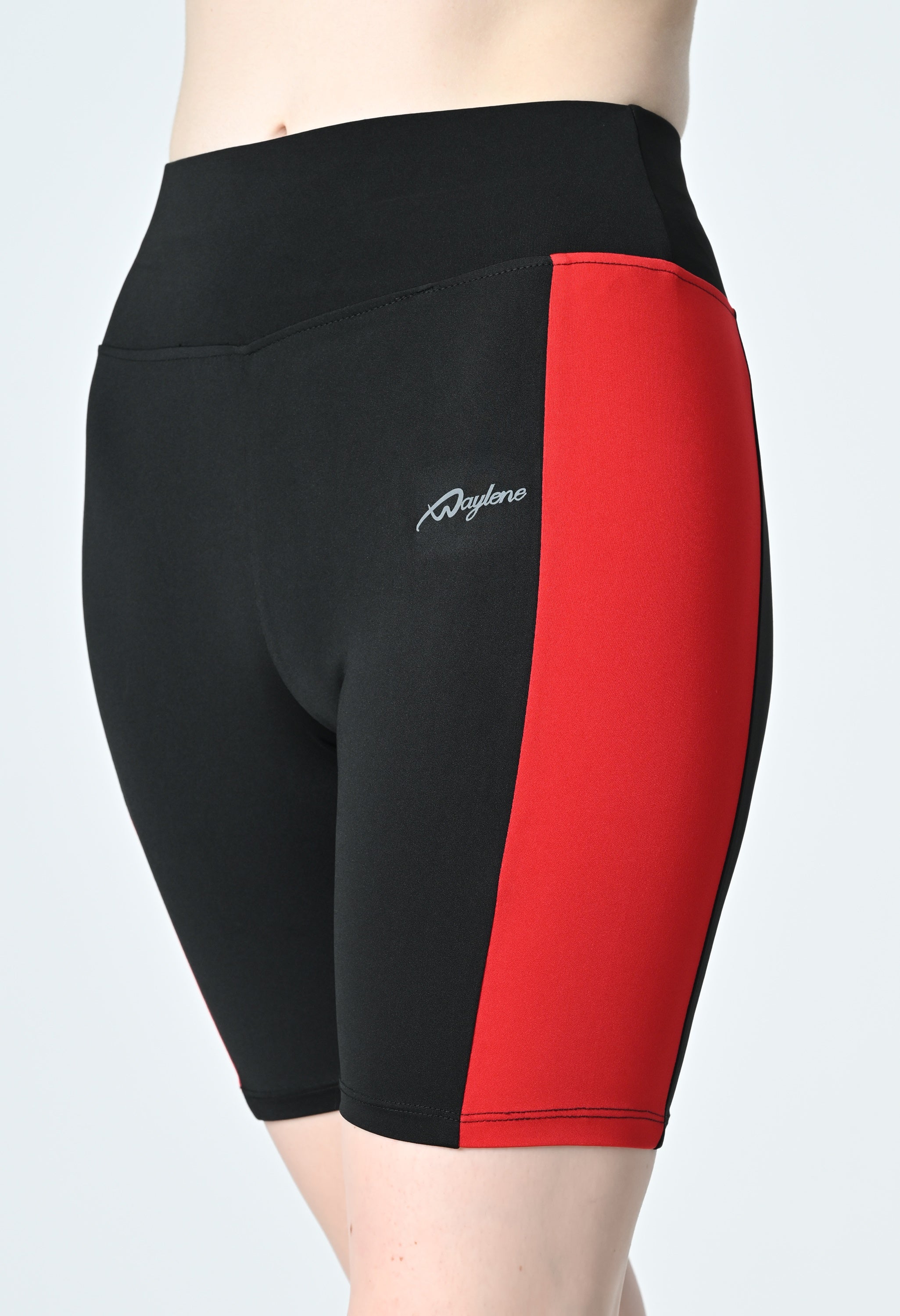 Waylene Black and Red Colour Block Women's Gym Shorts, high-performance dry-fit, logo detail
