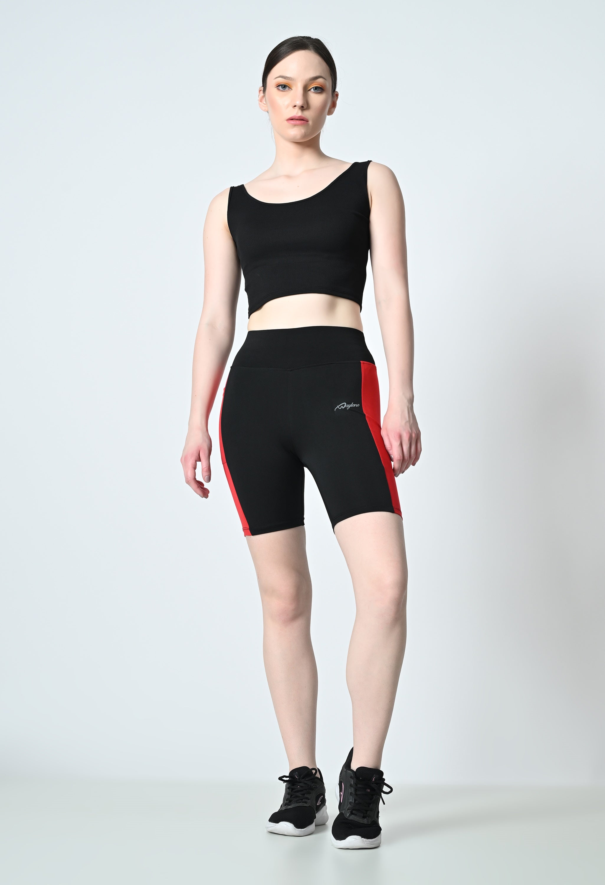 Waylene Black and Red Colour Block Women's Gym Shorts, high-performance dry-fit, front view