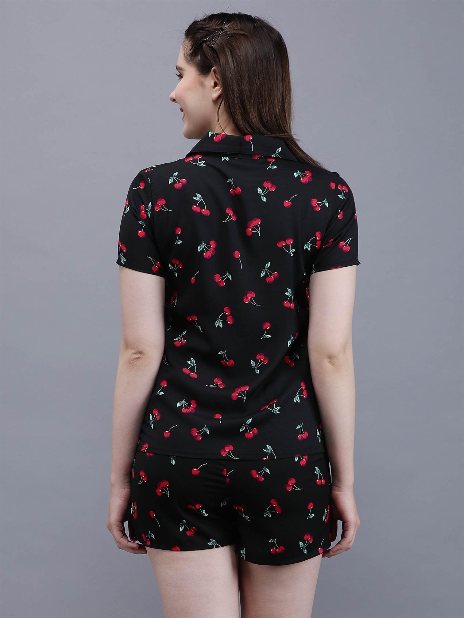 Back view of Waylene Cherry-Printed Black Shirt & Shorts Set, casual wear.
