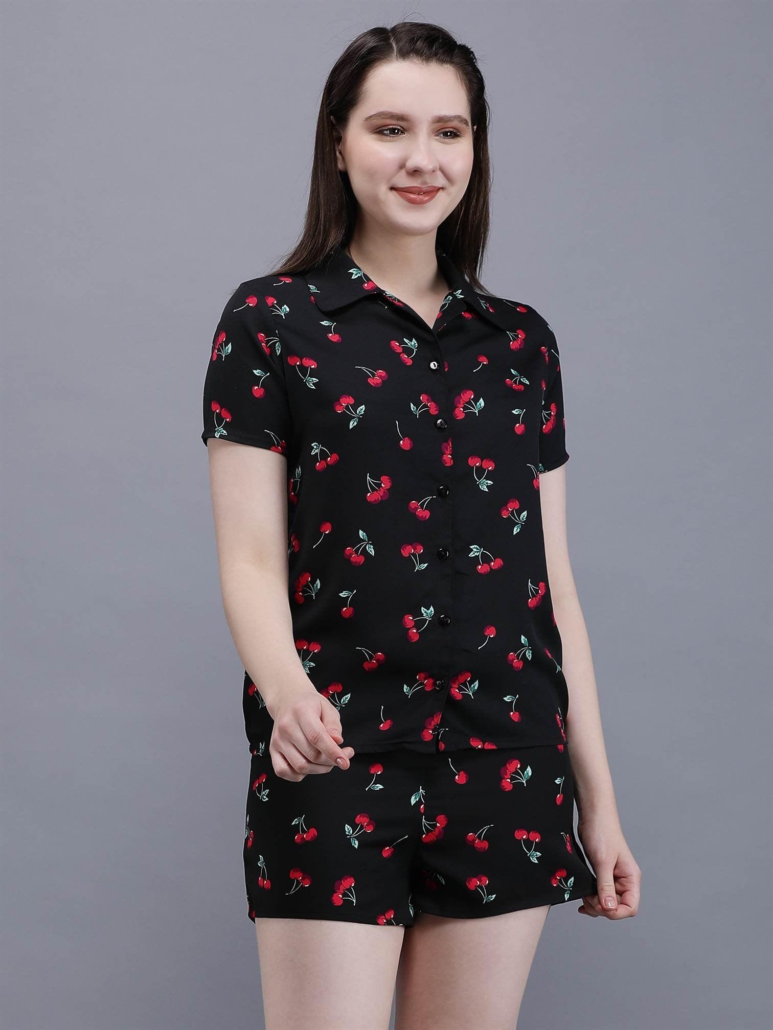 Waylene Cherry-Printed Black Shirt & Shorts Set, relaxed fit, button-up shirt.