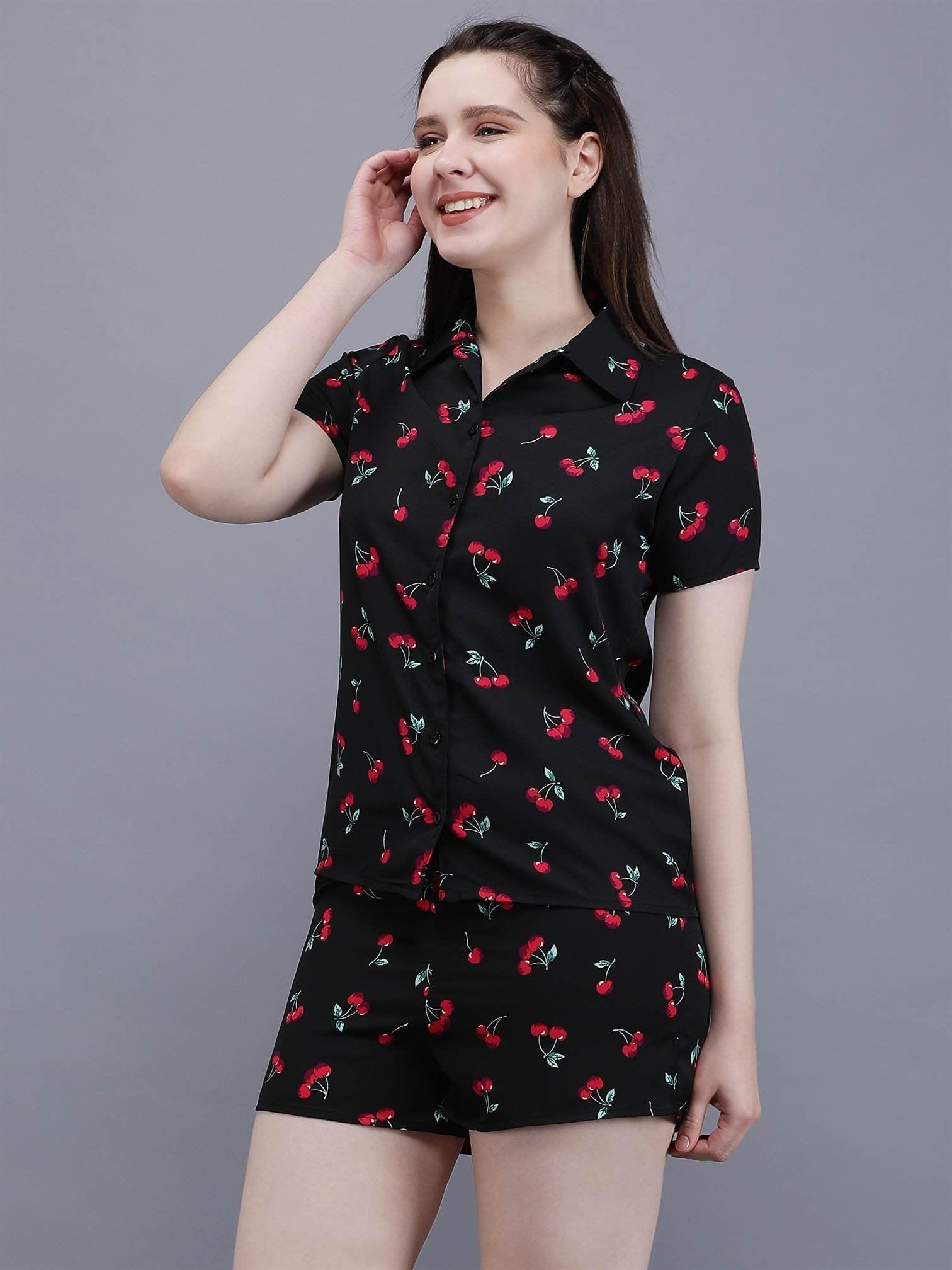 Waylene Cherry-Printed Black Shirt & Shorts Set, side view, casual fit.