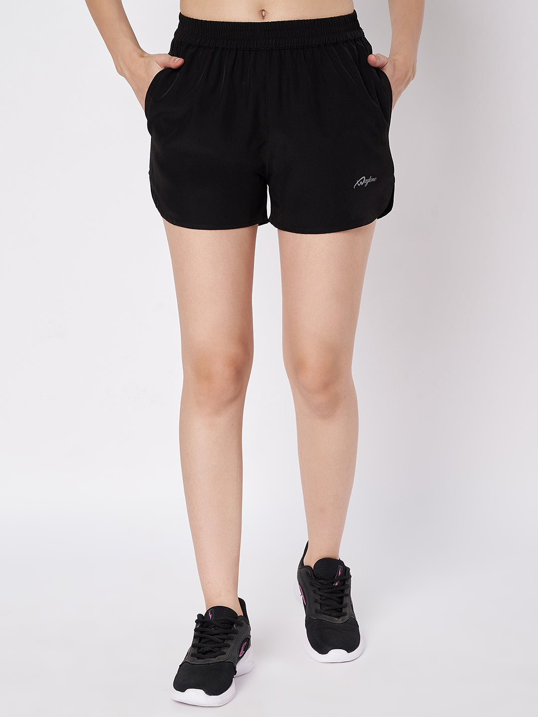 Waylene Black Polyester Shorts featuring a relaxed fit and logo detail, ideal for sports.