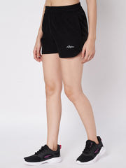 Waylene Black Polyester Shorts showcasing side slit and logo embroidery, perfect for active use.