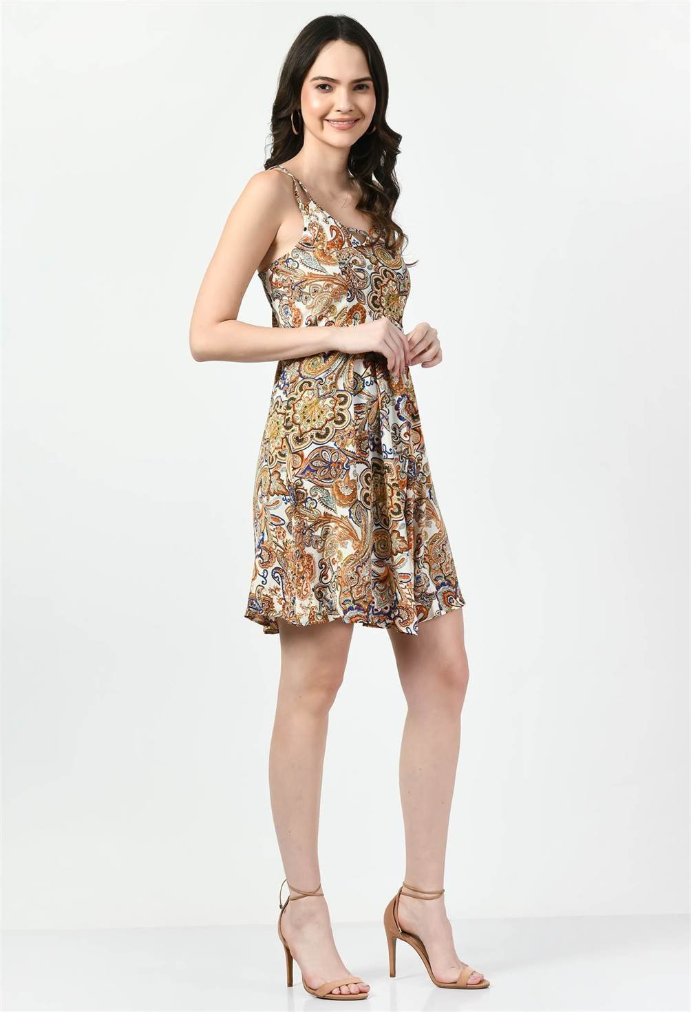 Side view of Waylene Multicolor Paisley Print Fit & Flare Western Dress, emphasizing the lightweight fabric and movement.