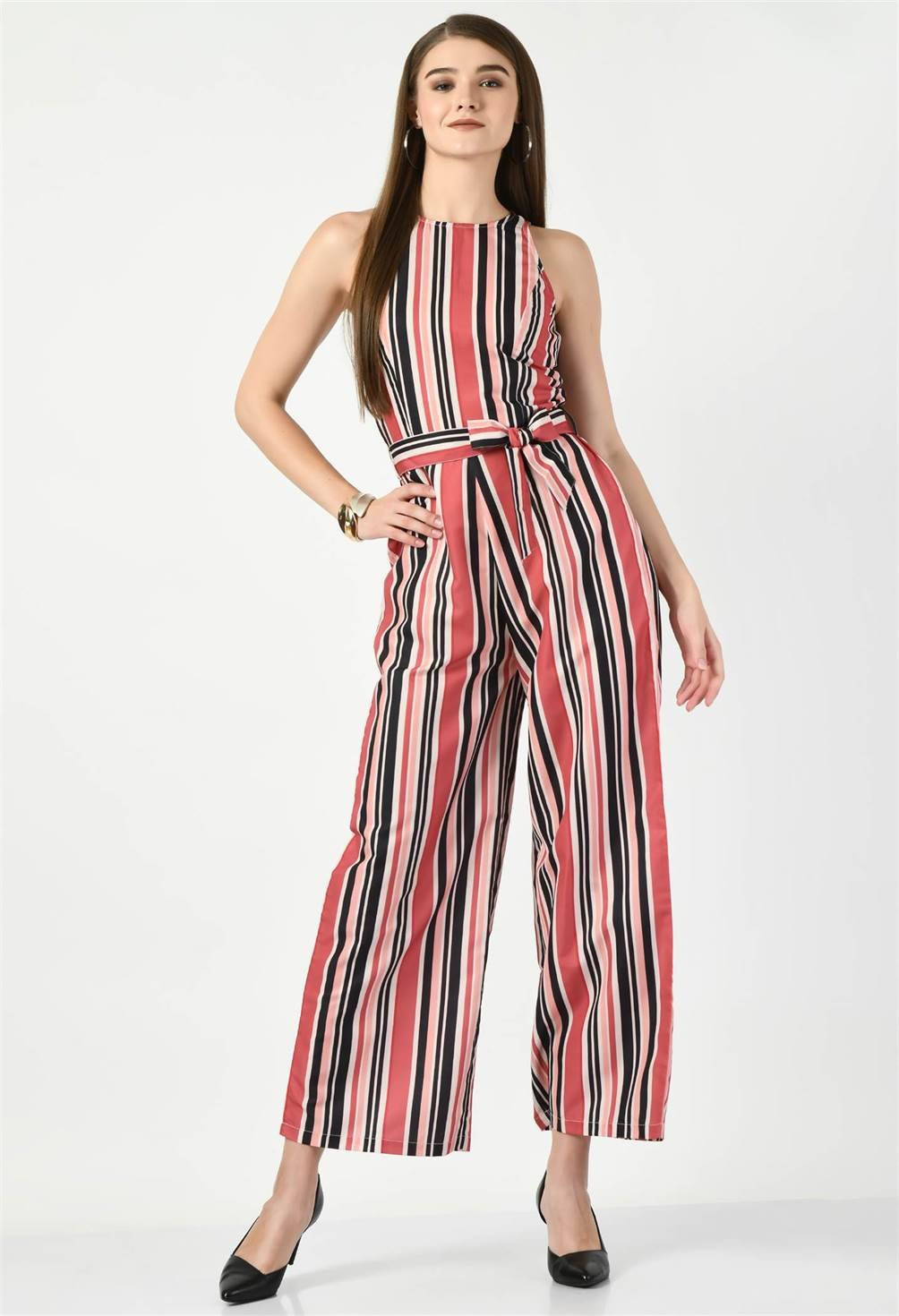 Waylene striped multicolor sleeveless jumpsuit with a belted waist, alternate front view.