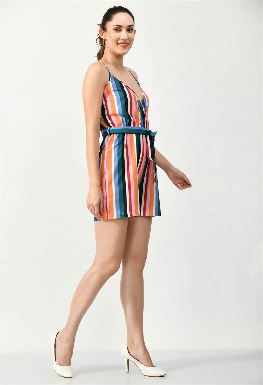 Side view of Waylene Striped Jumpsuit with V-neck and Belted Waist