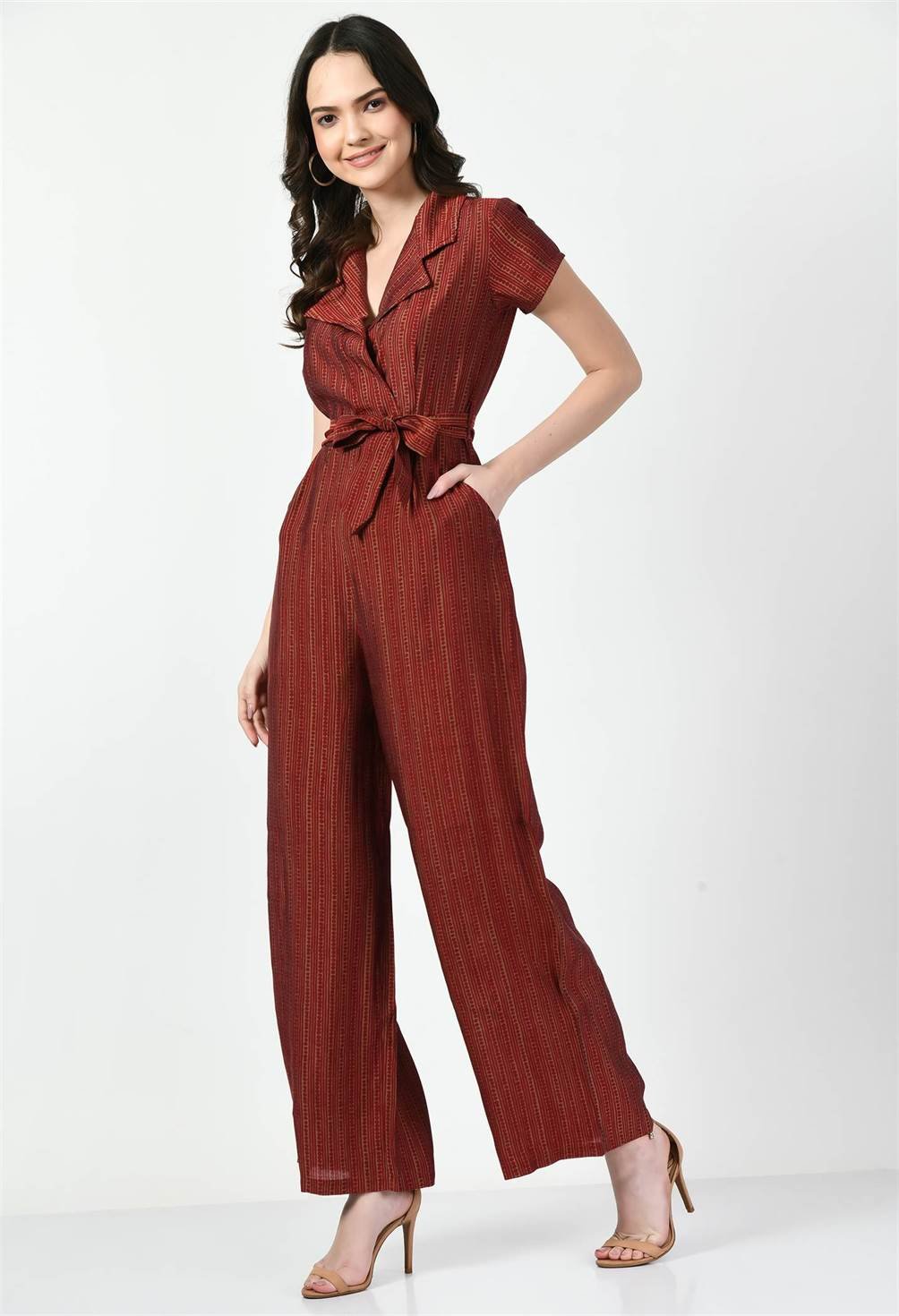 Waylene Striped Red Collared Jumpsuit with Short Sleeves and Waist Tie