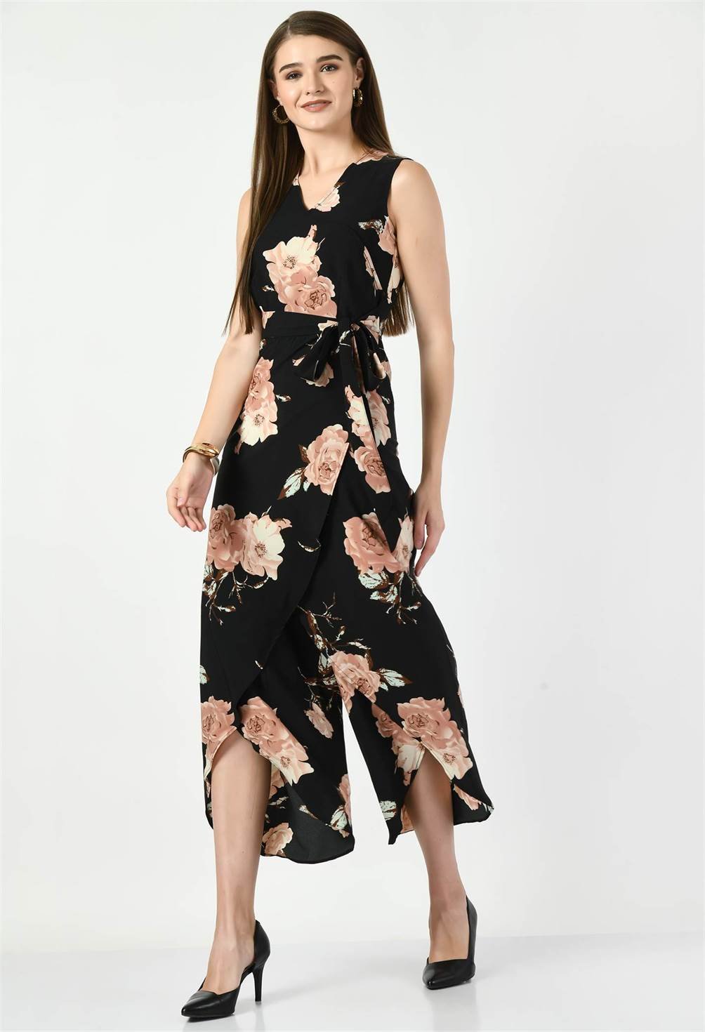 Waylene Floral Print Black Jumpsuit with Versatile Design