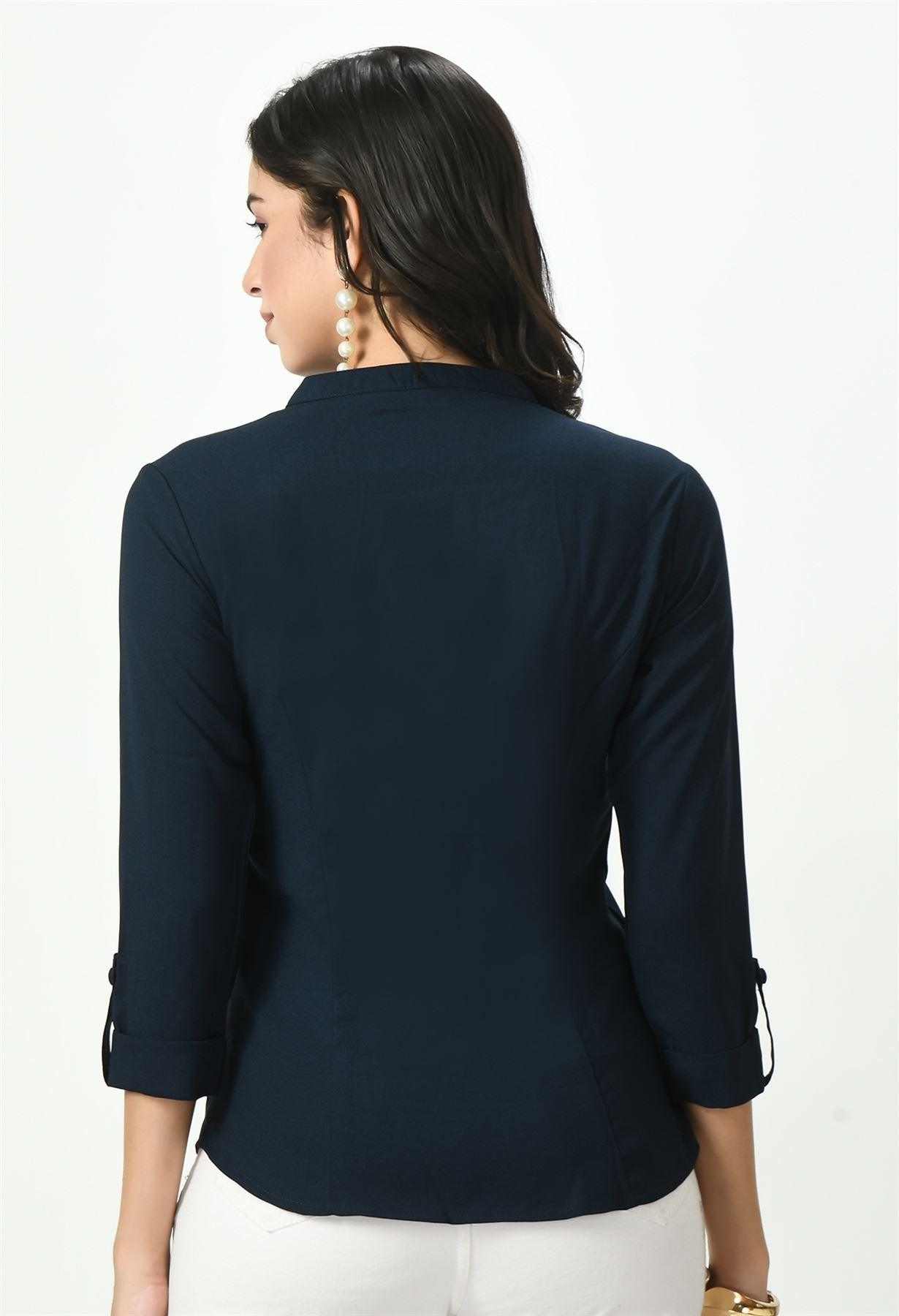 Back view of Waylene Dark Navy Blue Top with fitted design