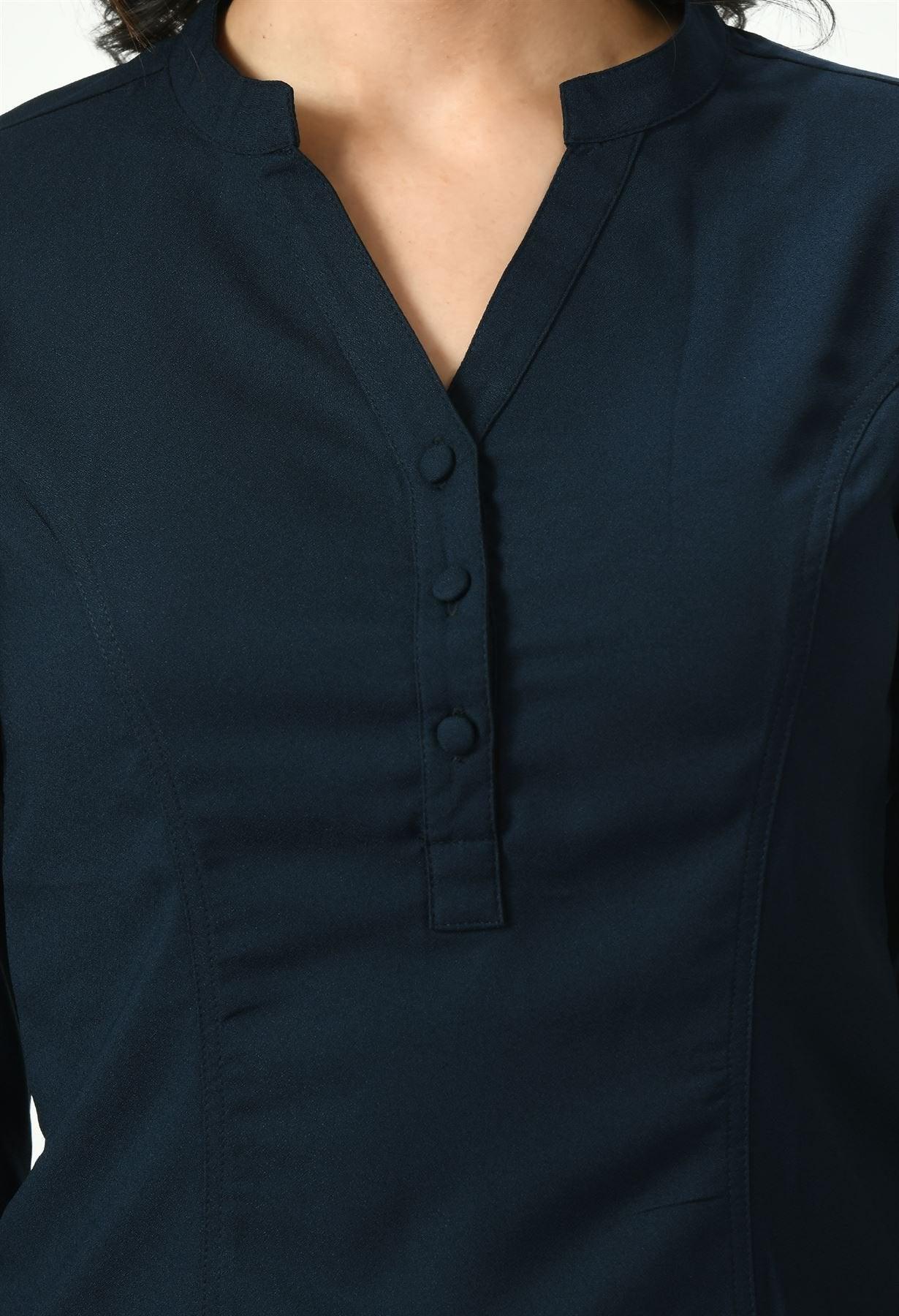 Close-up of Waylene Navy Blue Top with buttoned V-neck