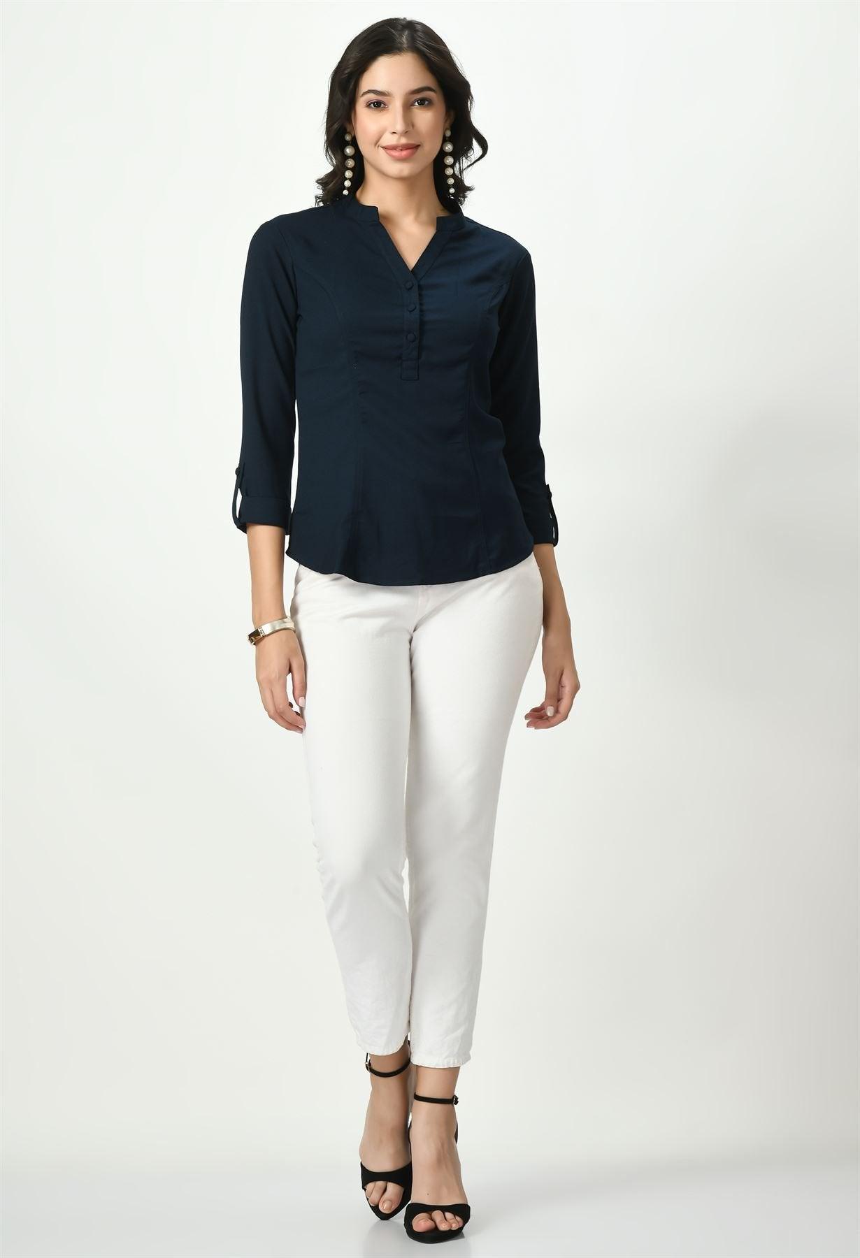 Full outfit with Waylene Navy Blue Top and white pants