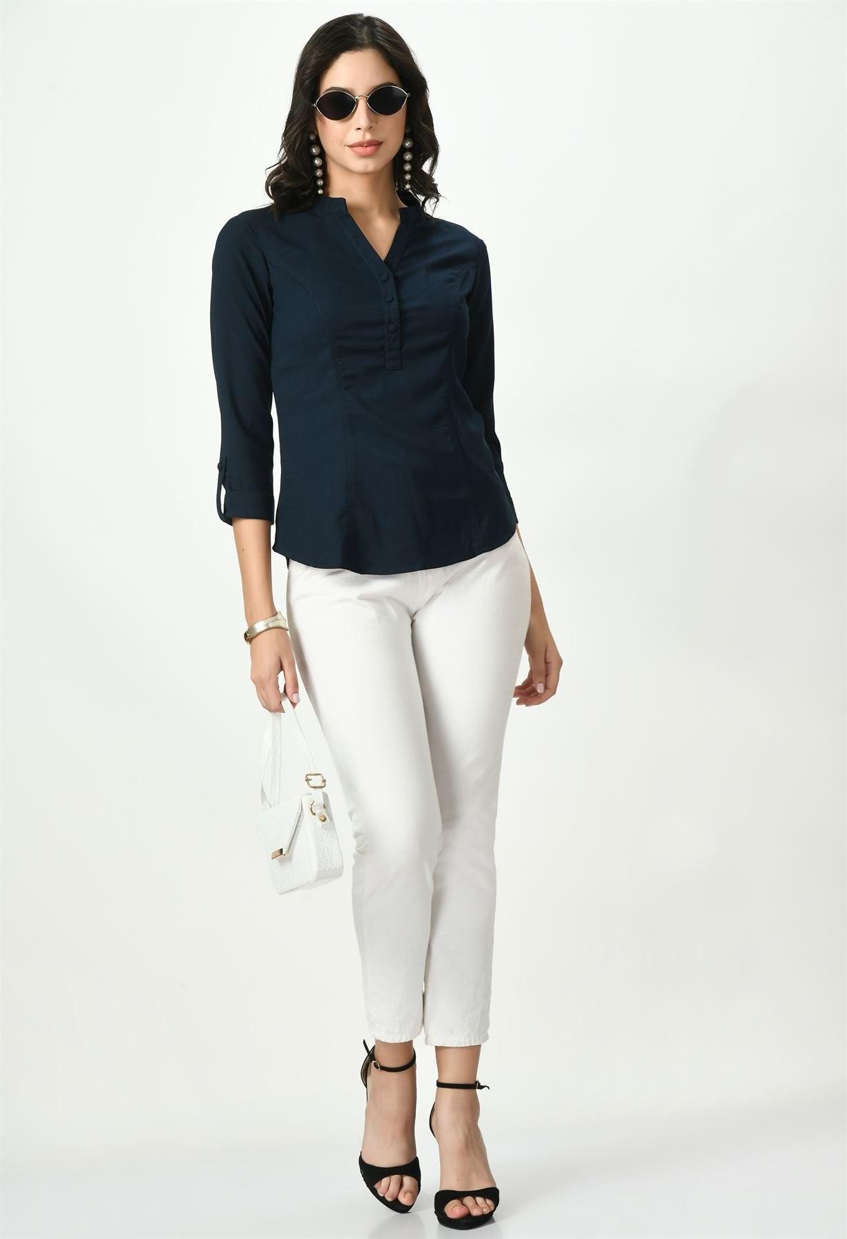Styled look with Waylene Navy Blue Top, sunglasses, and handbag