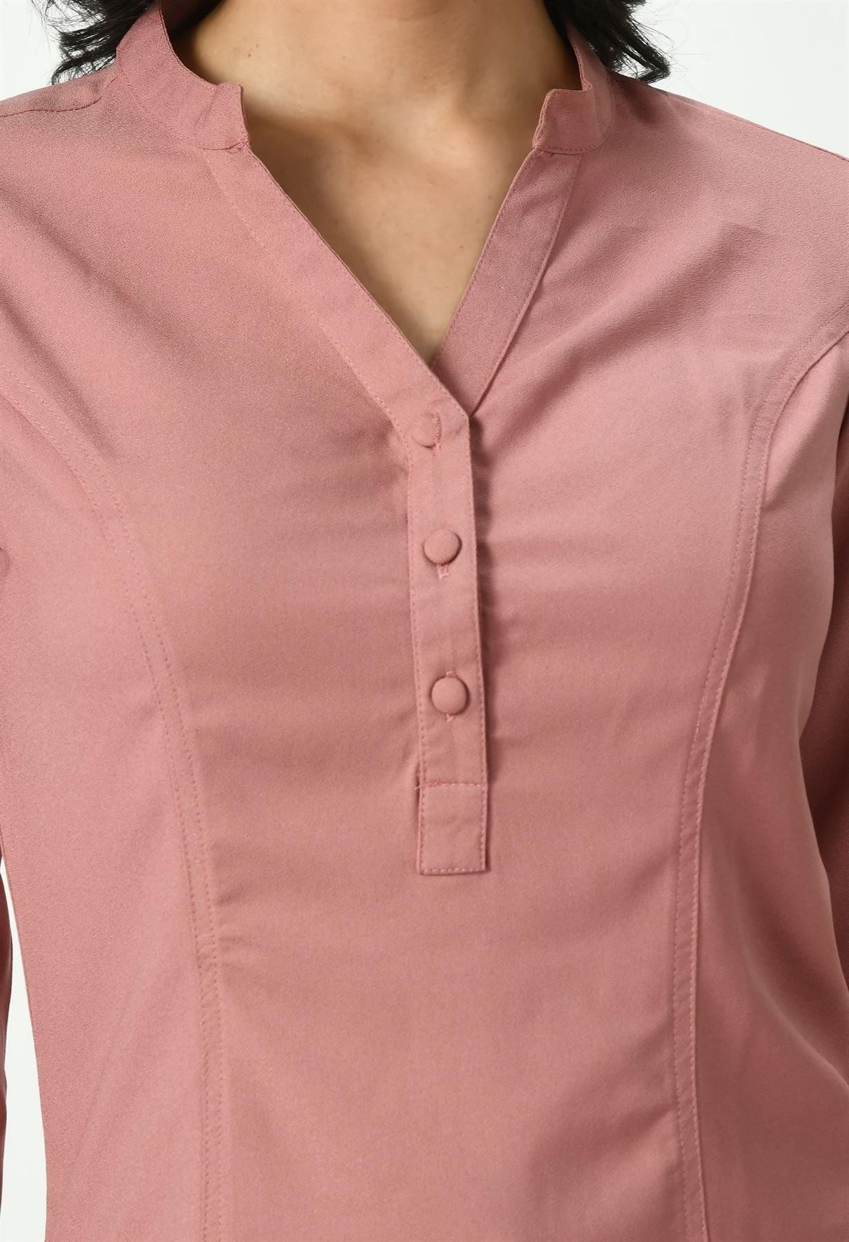 Close-up of Waylene Soft Pink Tailored Shirt for Women, focusing on the band collar and button placket details.