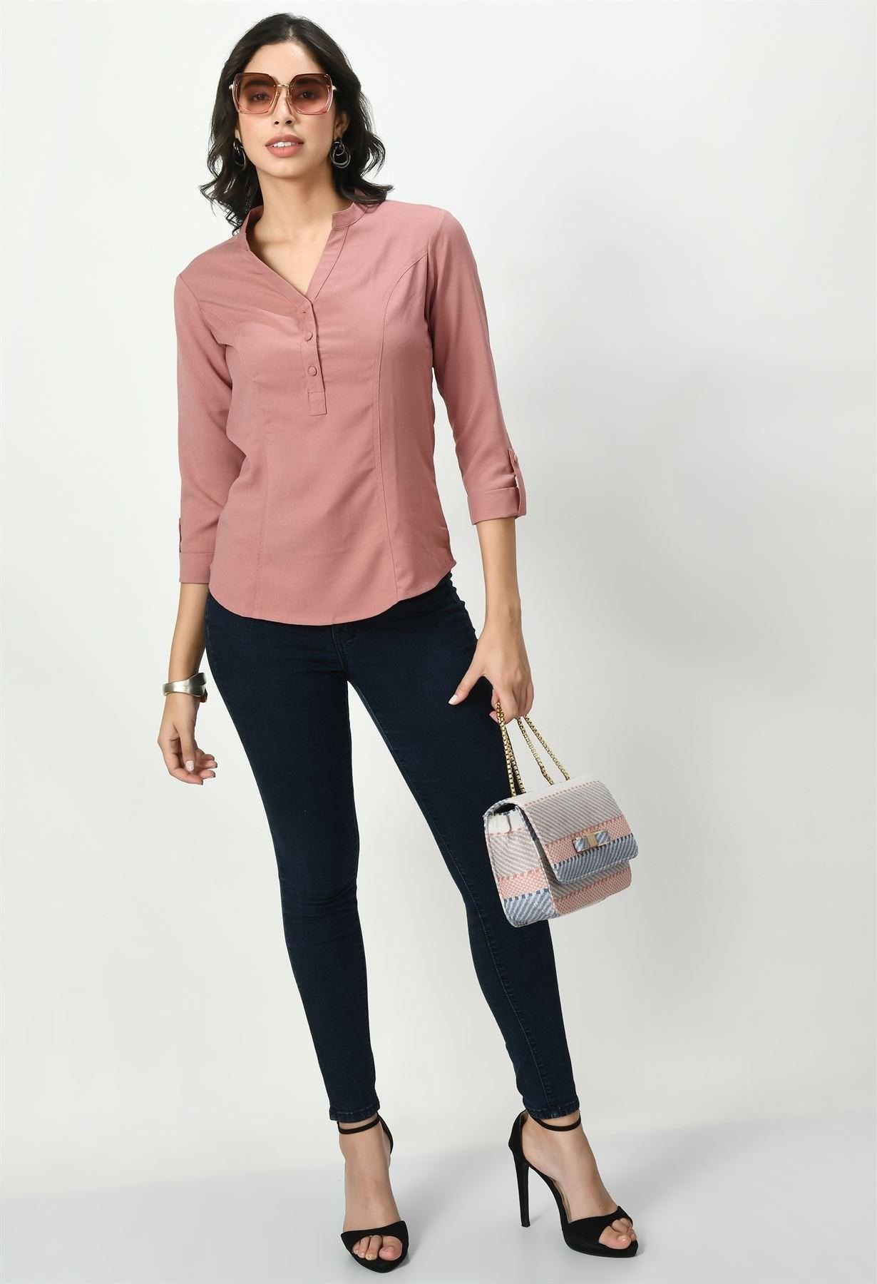 Waylene Soft Pink Tailored Shirt for Women paired with accessories, demonstrating its suitability for casual outings.