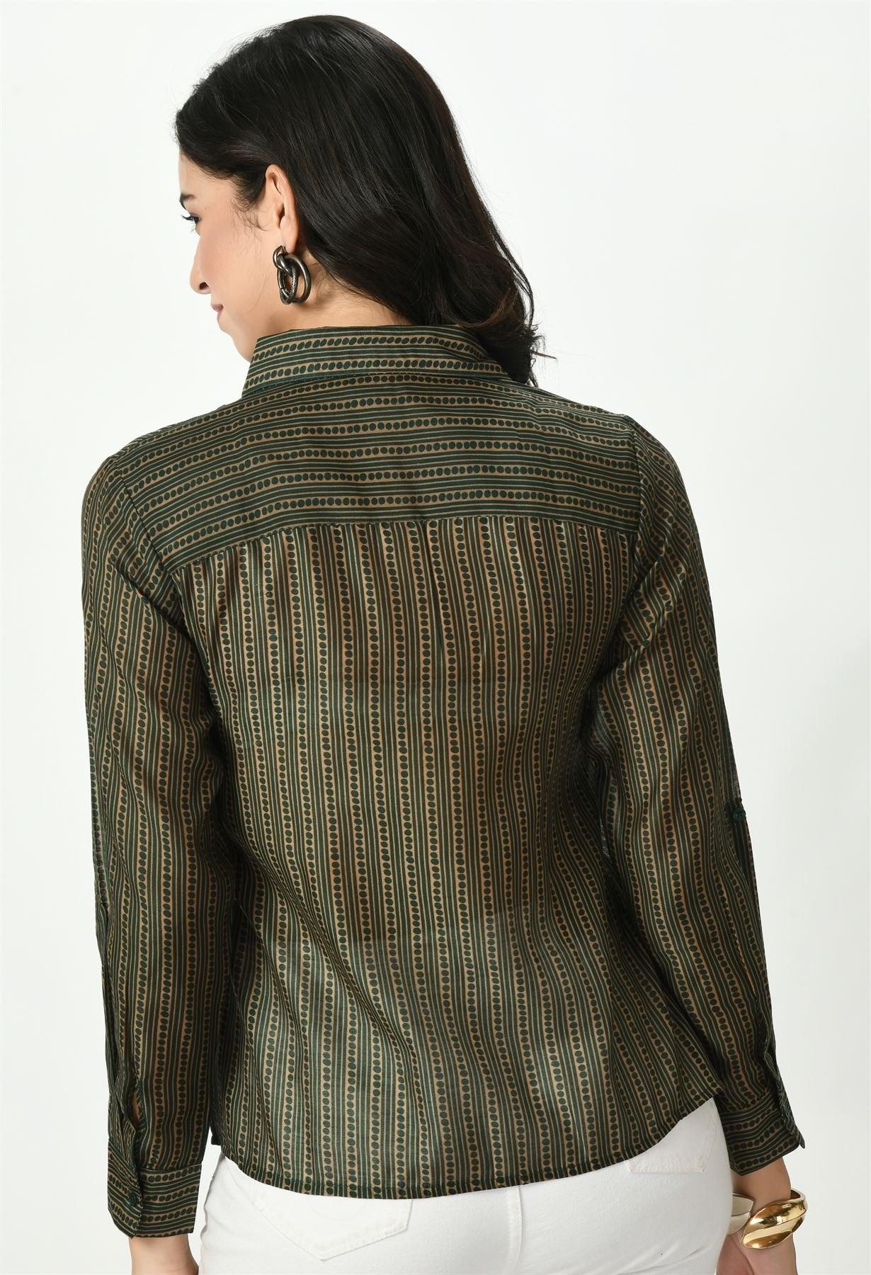 Back view of Waylene sheer green casual shirt highlighting stripe pattern.