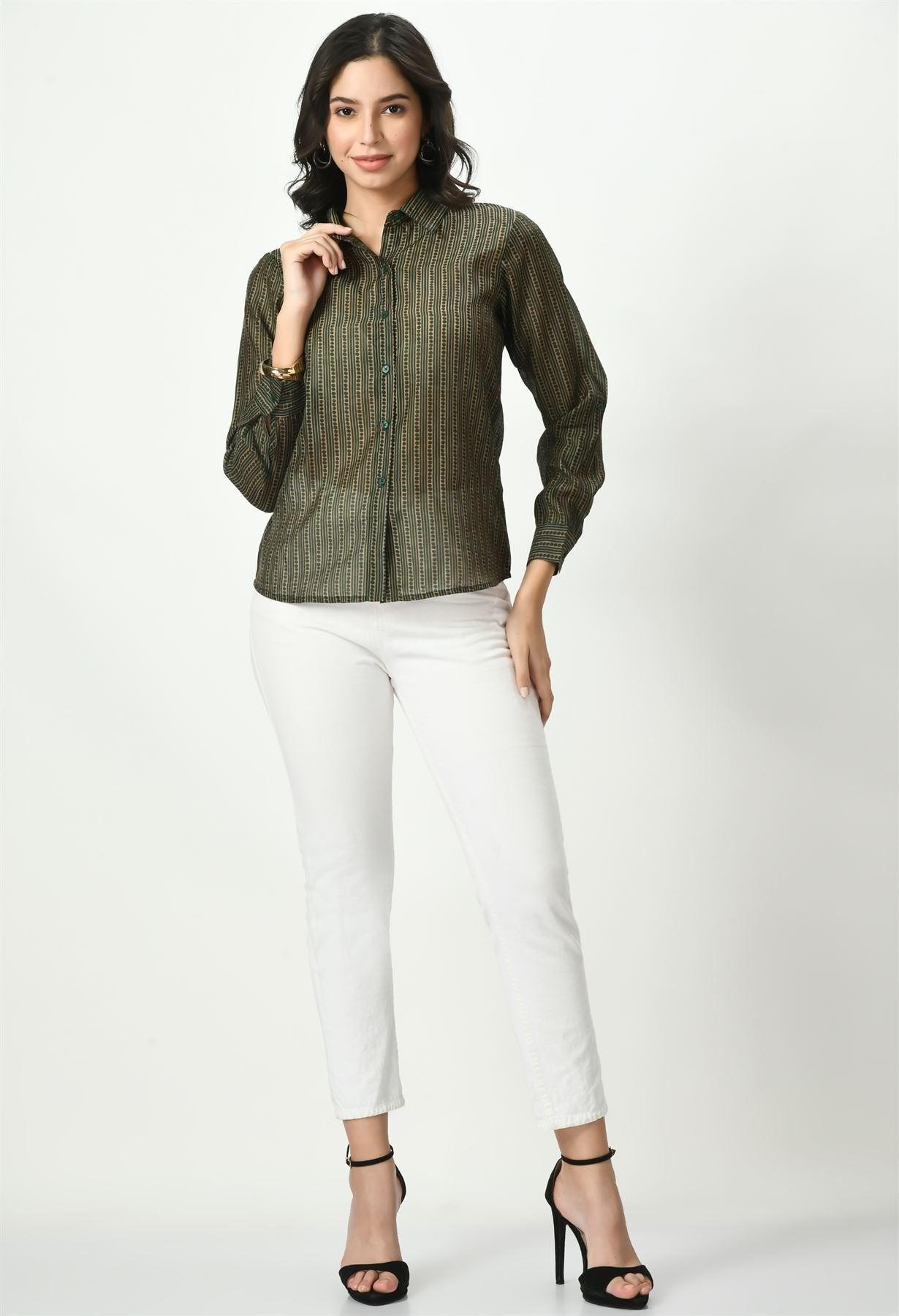 Full view of Waylene sheer green shirt paired with white pants, showcasing overall fit.